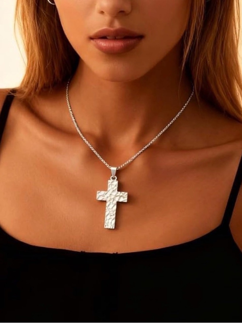 Silver Tone Box Chain Necklace Pavé CZ Cross Pendant Adjustable 17.72"